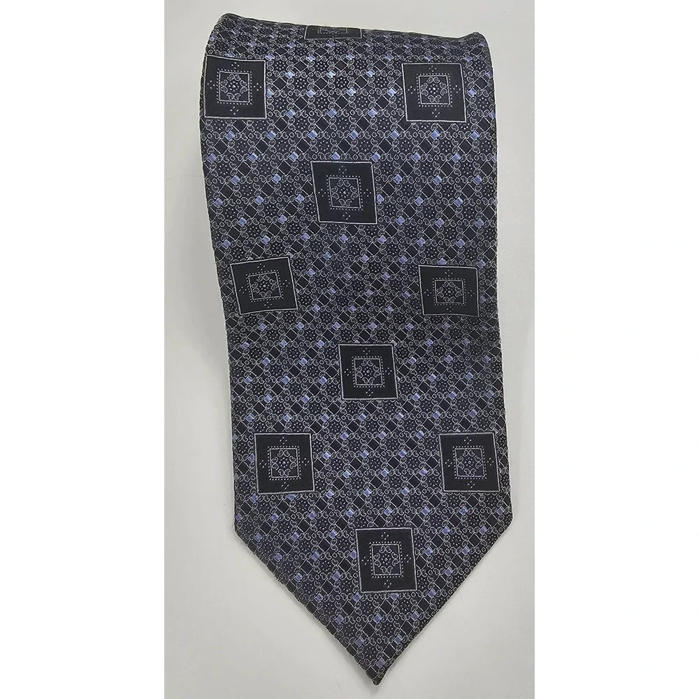 ERMENEGILDO ZEGNA Men's 100% Silk LUXURY Tie‎ Blue Black Silver Geometric